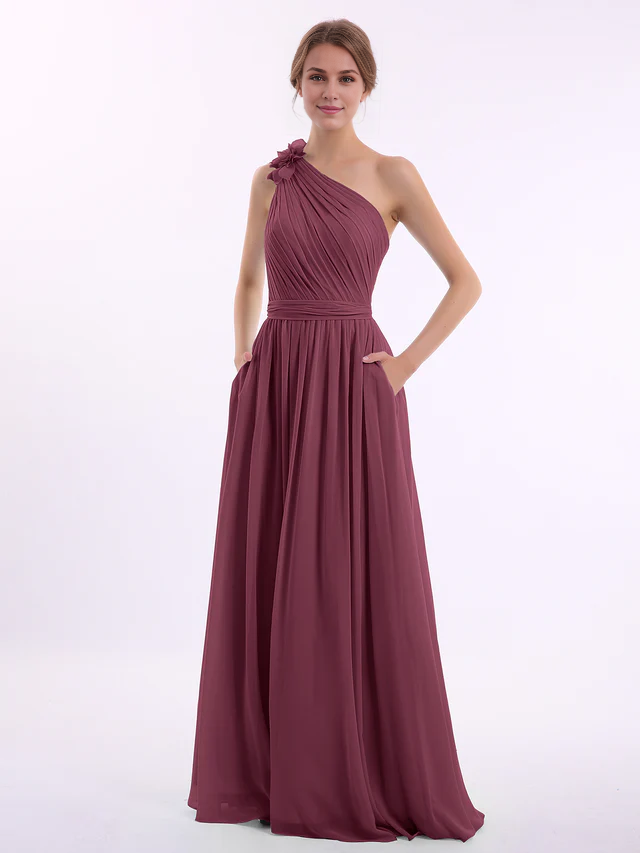 Chiffon One-Shoulder Ruched Bodice Pocketed A-Line Floor-Length Bridesmaid Dresses