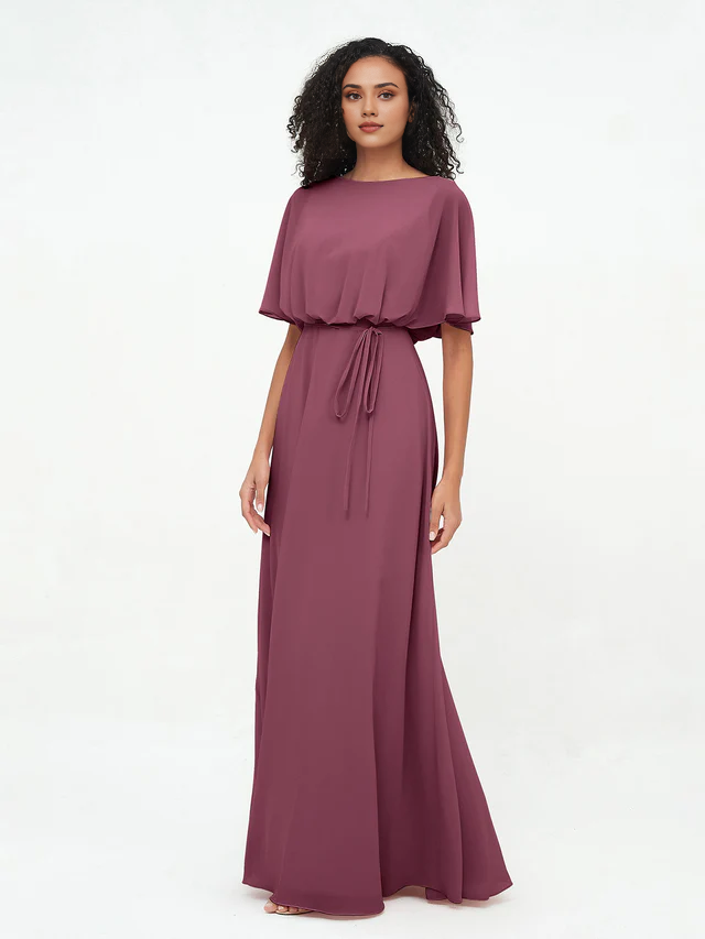 Chiffon Short-Sleeve Boat Neck Tie-Waist A-Line Floor-Length Bridesmaid Dresses