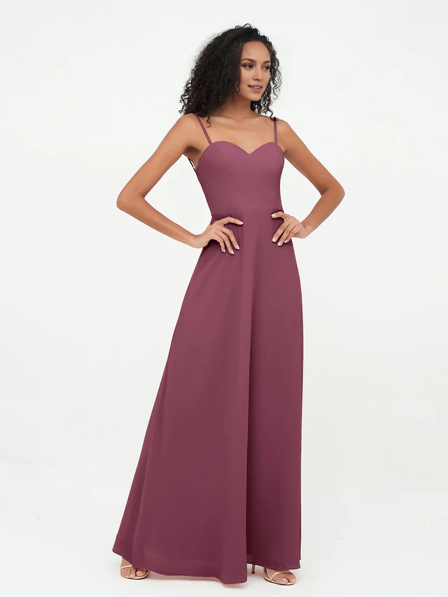 Chiffon Spaghetti-Strap Ruched Bodice Wide-Leg Jumpsuit Floor-Length Bridesmaid Dresses
