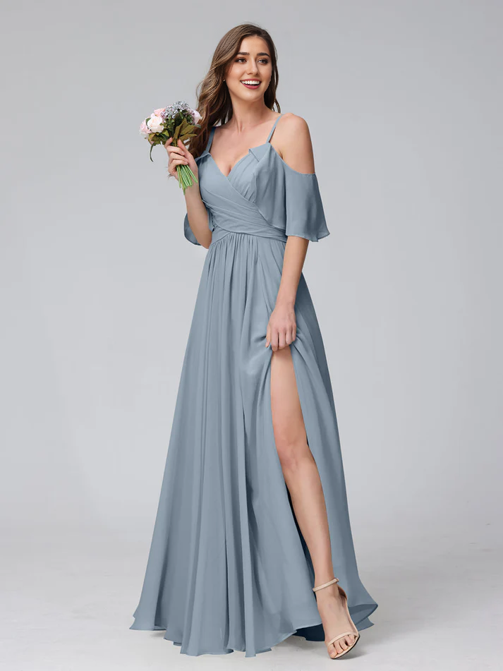 Chiffon Cold-Shoulder V-Neck Ruched Bodice High-Slit A-Line Floor-Length Romantic Bridesmaid Dress