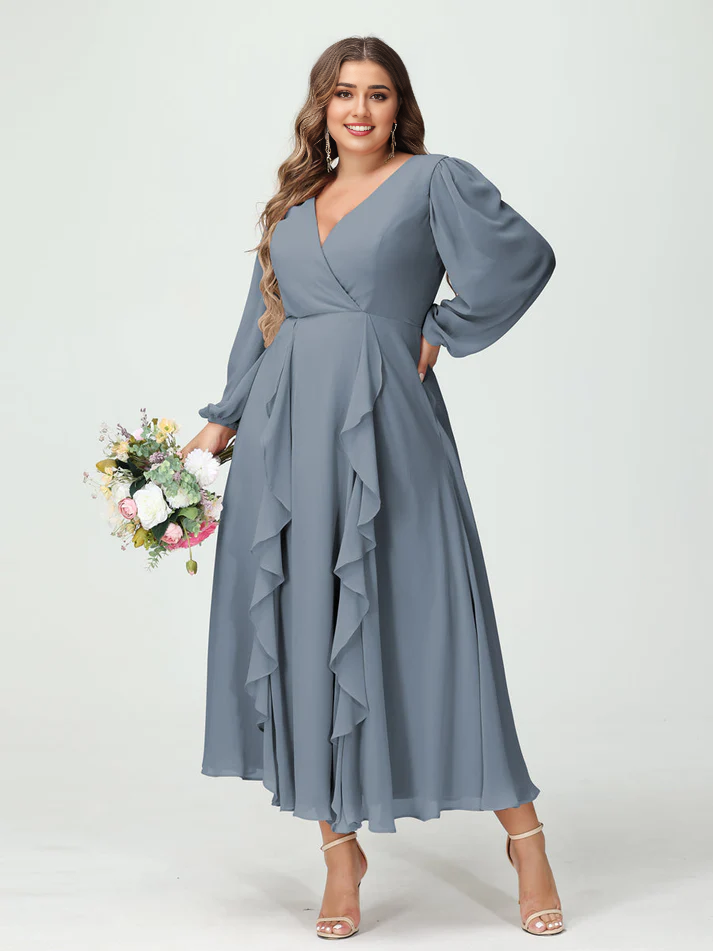 Chiffon Long-Sleeve V-Neck Ruffled Wrap Bodice High-Low A-Line Floor-Length Elegant Bridesmaid Dress