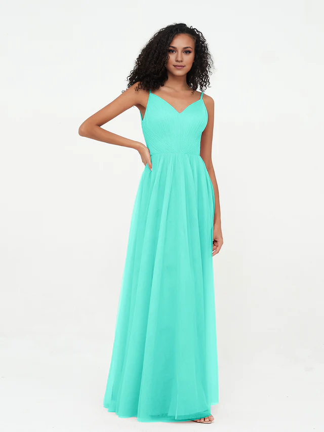 Chiffon Spaghetti-Strap V-Neck Ruched Bodice A-Line Floor-Length Bridesmaid Dresses