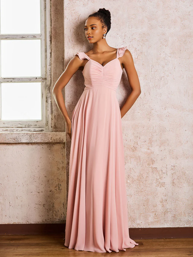 Chiffon Spaghetti-Strap Sweetheart Neckline Ruched Bodice A-Line Floor-Length Bridesmaid Dresses