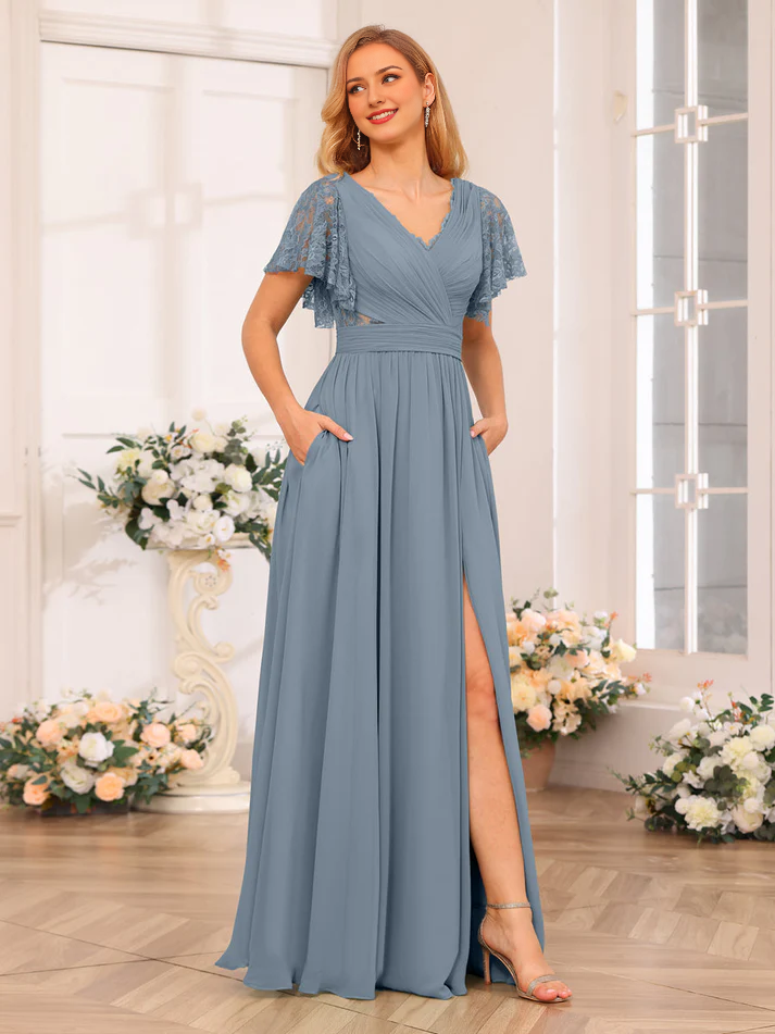 Chiffon One-Shoulder Flutter Sleeve Ruched Bodice High-Slit A-Line Floor-Length Soft Mint Bridesmaid Dresses