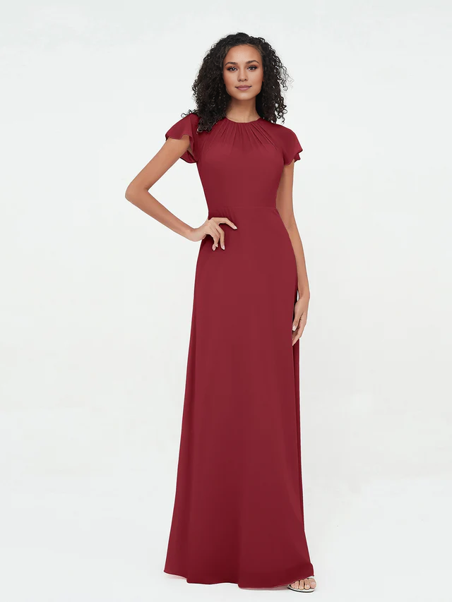 Chiffon Short-Sleeve Round Neck Ruched Bodice A-Line Floor-Length Bridesmaid Dresses
