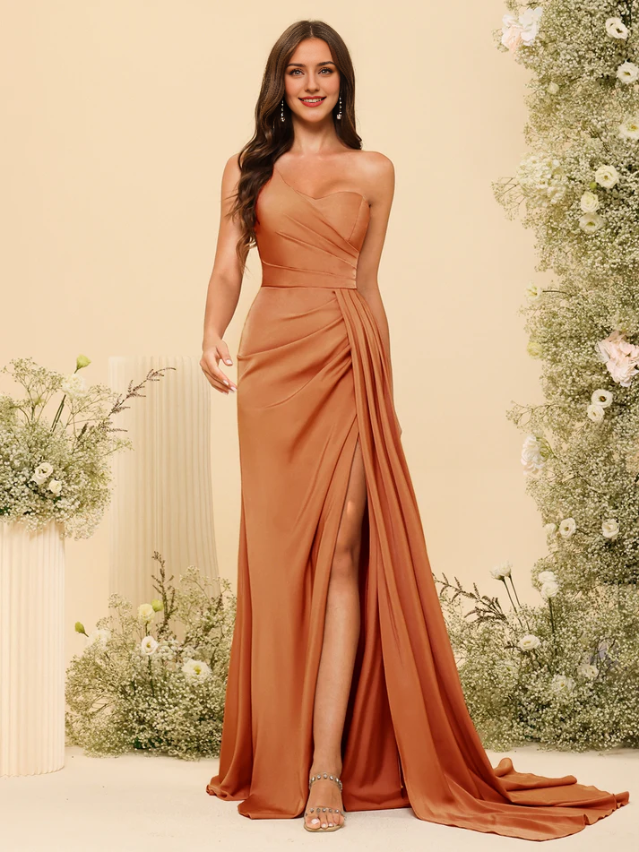 Satin Sweetheart Neckline Ruched Bodice High-Slit Sheath Train Floor-Length Bridesmaid Dresses