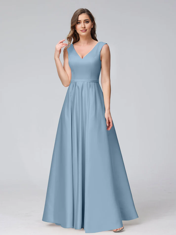Satin V-Neck Sleeveless A-Line Floor-Length Elegant Bridesmaid Dress
