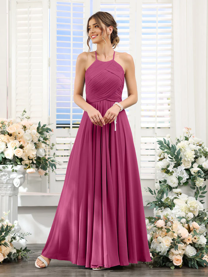 Chiffon Halter Neck Ruched Bodice A-Line Floor-Length Elegant Bridesmaid Dress