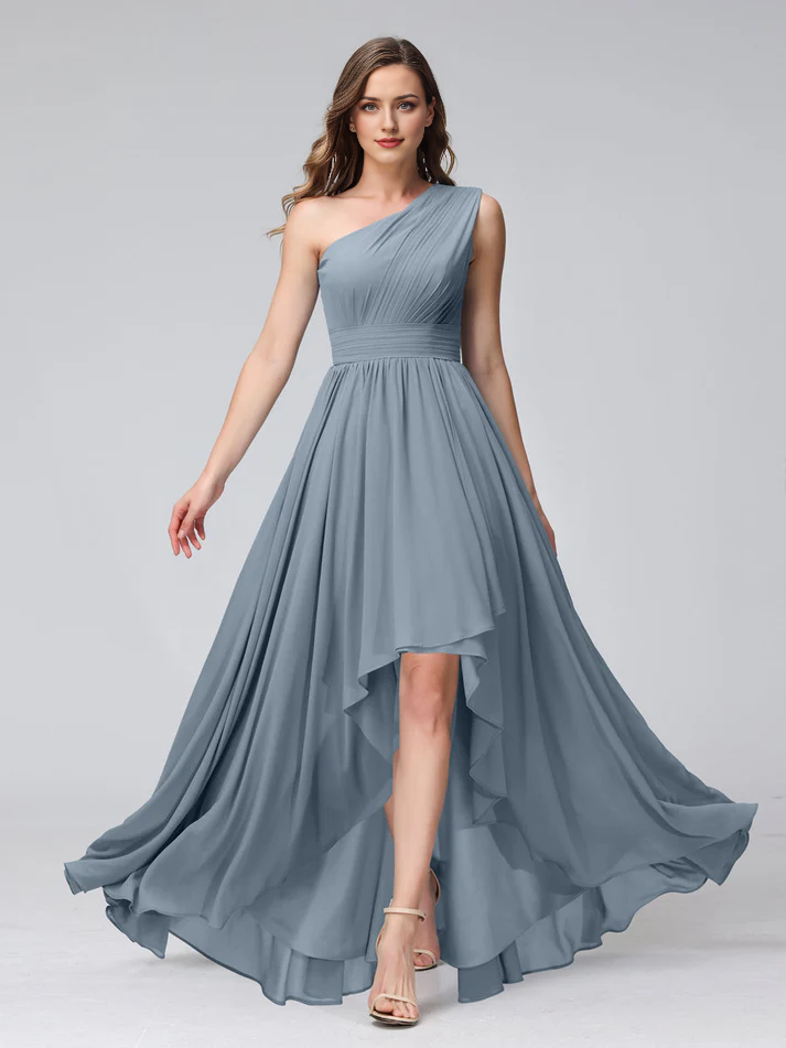 Chiffon One-Shoulder Ruched Bodice Asymmetrical High-Low A-Line Floor-Length Dusty Blue Bridesmaid Dresses