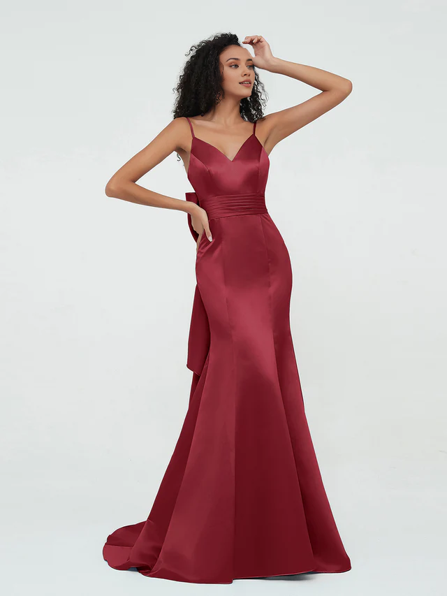 Satin Spaghetti-Strap Deep V-Neck Back Bow Detail A-Line Floor-Length Bridesmaid Dresses