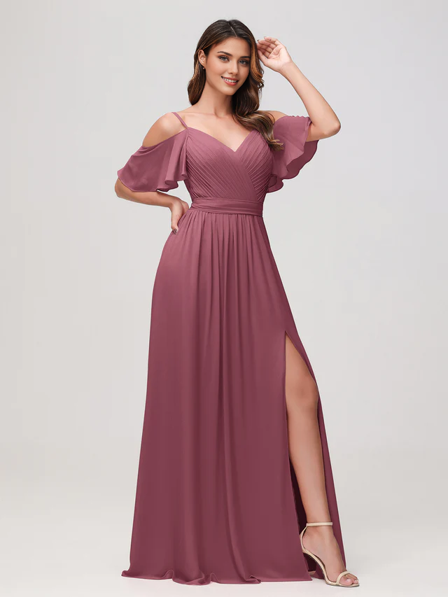 Chiffon Off-Shoulder V-Neck Ruched Bodice High-Slit A-Line Floor-Length Bridesmaid Dresses