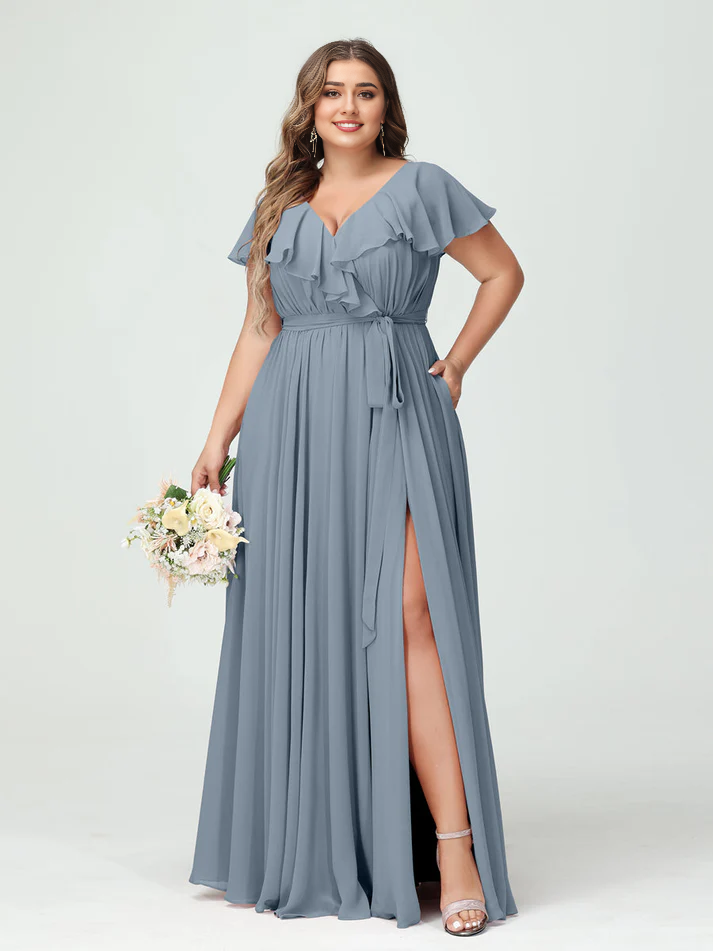 Chiffon Flutter-Sleeve V-Neck Pleated Bodice High-Slit A-Line Floor-Length Romantic Bridesmaid Dress
