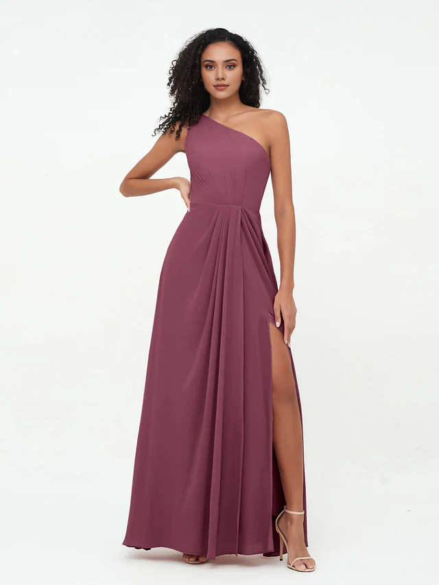 Chiffon One-Shoulder Ruched Bodice High-Slit A-Line Floor-Length Bridesmaid Dresses