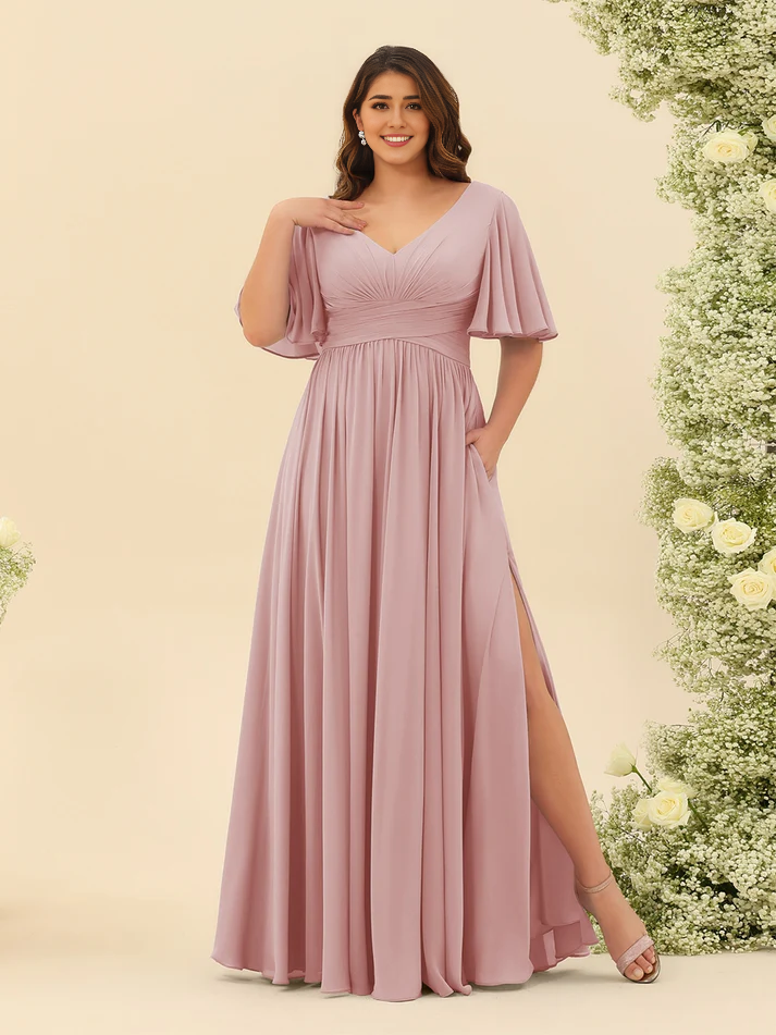 Chiffon Short-Sleeve V-Neck Ruched Bodice High-Slit A-Line Floor-Length Comfortable Bridesmaid Dress
