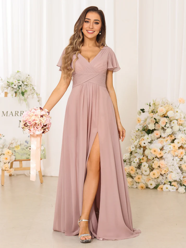 Chiffon Short-Sleeve V-Neck Ruched Bodice High-Slit A-Line Floor-Length Dusty Rose Bridesmaid Dresses