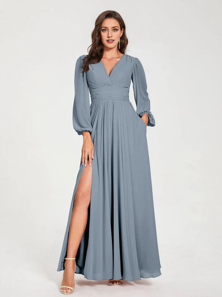 Chiffon Puff-Sleeve V-Neck Ruched Bodice High-Slit A-Line Floor-Length Bridesmaid Dresses
