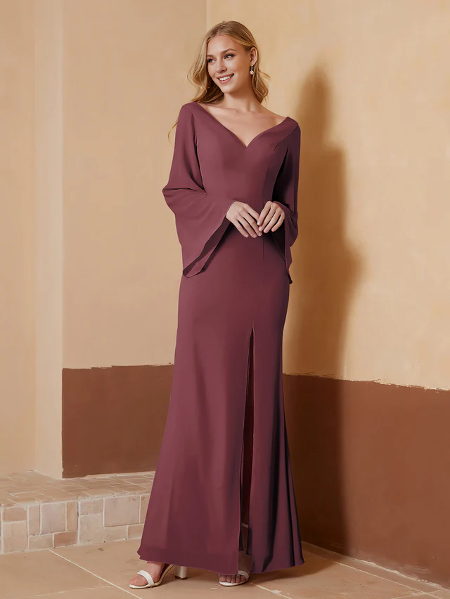 Chiffon Bell-Sleeve Deep V-Neck Ruched Bodice Sheath Floor-Length Bridesmaid Dresses