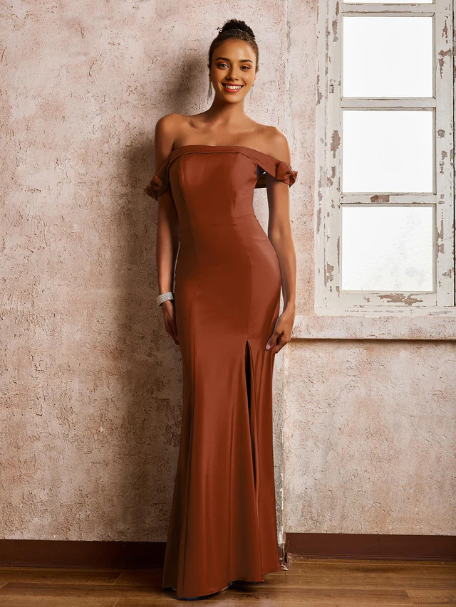 Chiffon Off-Shoulder Sweetheart Neckline Ruched Bodice High-Slit Sheath Floor-Length Bridesmaid Dresses
