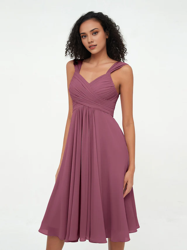 Chiffon Spaghetti-Strap Sweetheart Neckline Ruched Bodice Tea-Length A-Line Bridesmaid Dresses