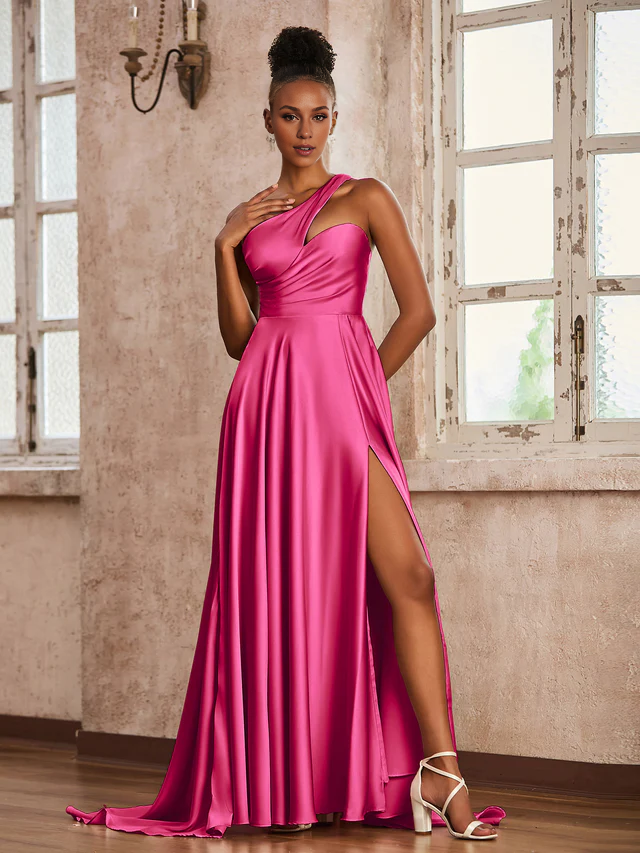 Satin Spaghetti-Strap Ruched Bodice High-Slit A-Line Train Floor-Length Bridesmaid Dresses