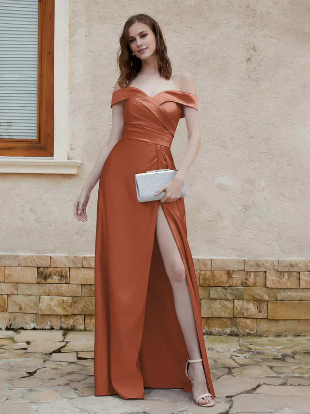 Chiffon Off-Shoulder Sweetheart Neckline Ruched Bodice High-Slit A-Line Floor-Length Bridesmaid Dresses