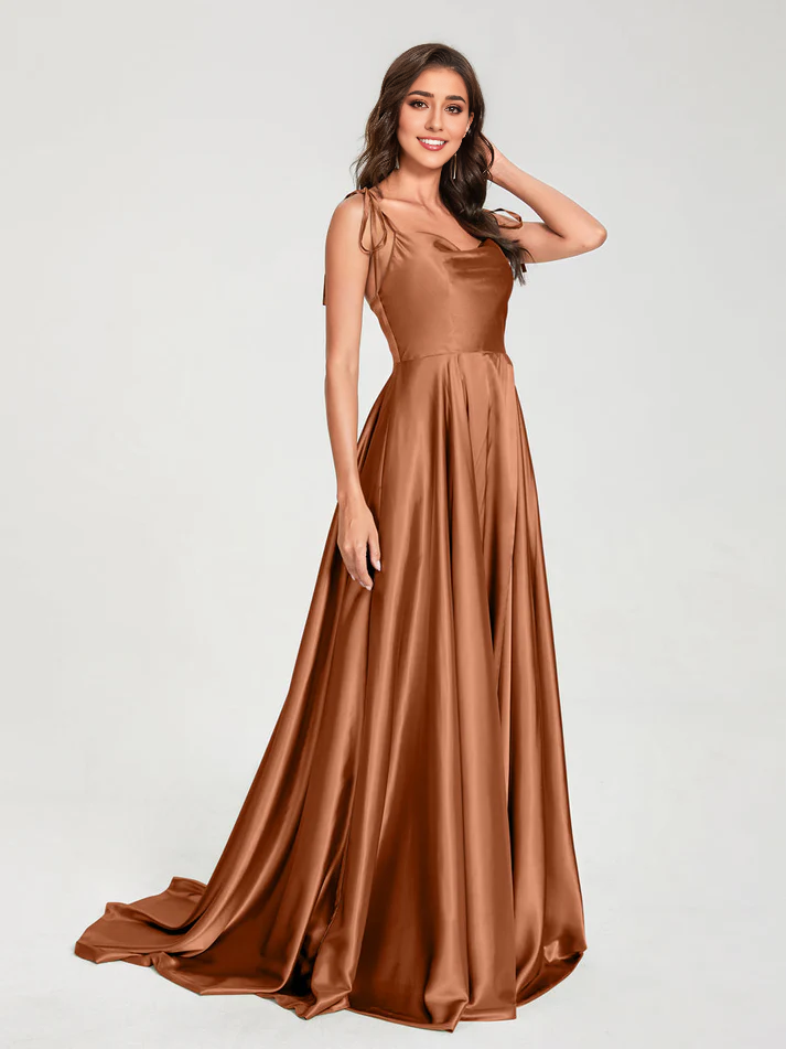 Satin Spaghetti-Strap V-Neck Ruched Bodice Train A-Line Floor-Length Luxe Bridesmaid Dress