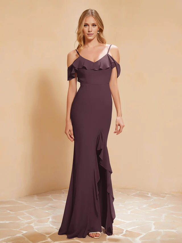 Chiffon Off-Shoulder Ruffled Bodice Sheath High-Slit Floor-Length Bridesmaid Dresses