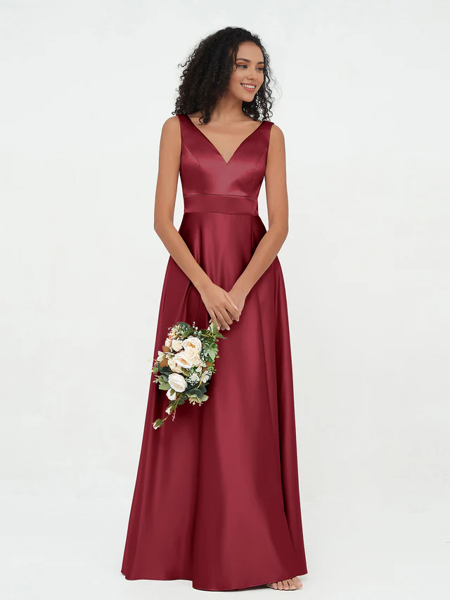 Satin Spaghetti-Strap Deep V-Neck A-Line Floor-Length Bridesmaid Dresses