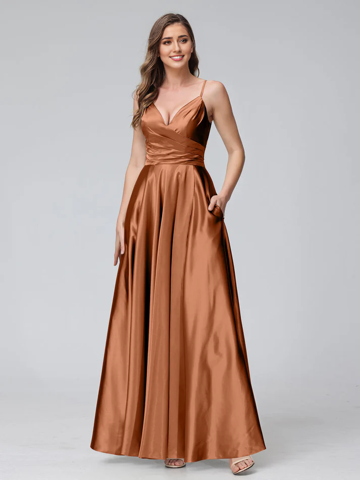 Satin Spaghetti-Strap Sweetheart Neckline Ruched Side A-Line Floor-Length Elegant Bridesmaid Dress