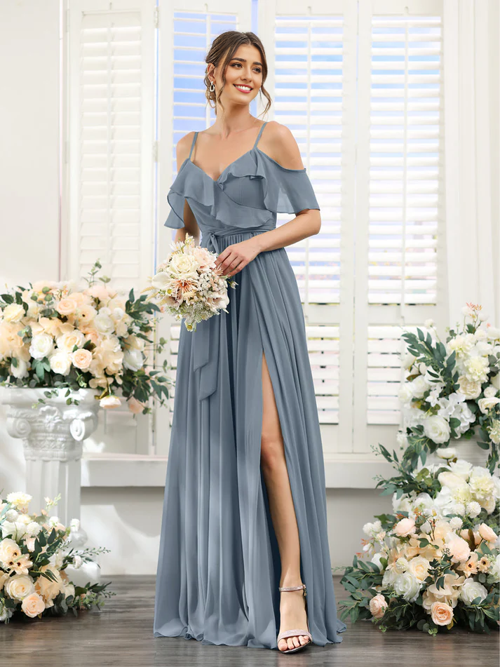 Chiffon Off-the-Shoulder Short-Sleeve Ruched Bodice High-Slit A-Line Floor-Length Elegant Bridesmaid Dress