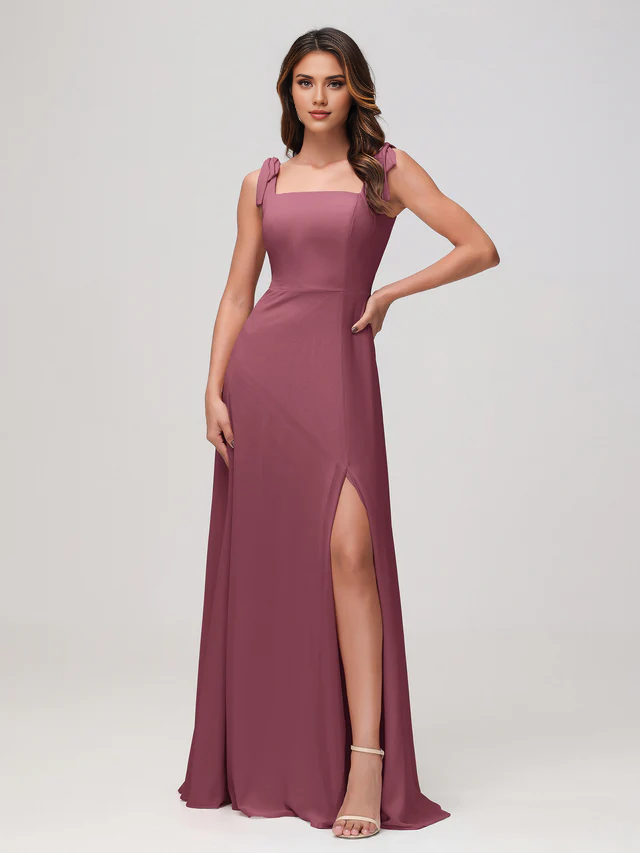 Satin Square Neck Spaghetti-Strap Ruched Bodice High-Slit Sheath Floor-Length Bridesmaid Dresses