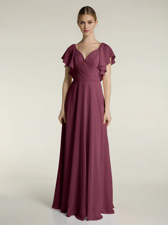 Chiffon Flutter-Sleeve V-Neck Ruched Bodice A-Line Floor-Length Bridesmaid Dresses