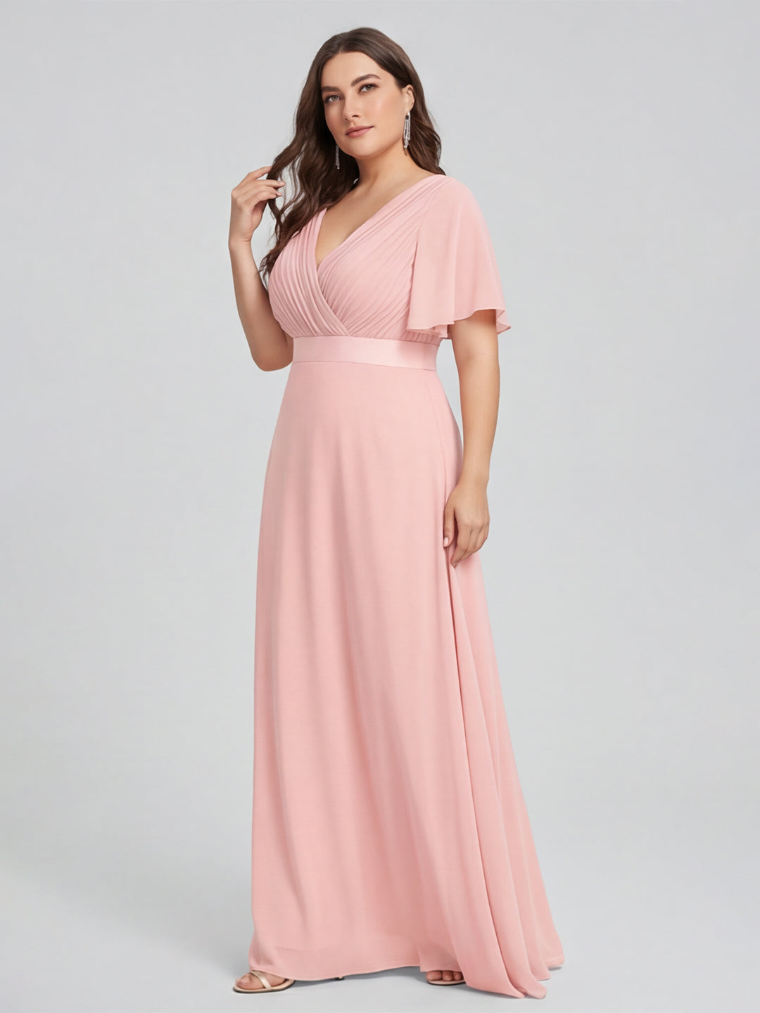 Coquette Petal Chiffon A-Line V-Neck V-Back Ankle-Length Plus Size Bridesmaid Dress