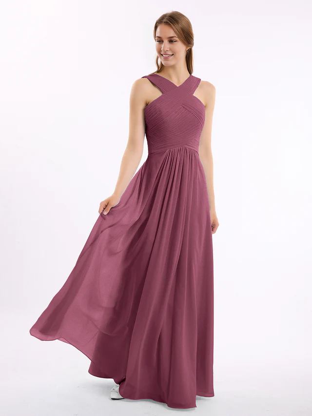 Chiffon Cross-Back Sleeveless Ruched Bodice A-Line Floor-Length Bridesmaid Dresses