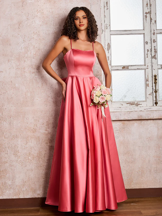 Satin Spaghetti-Strap Square Neck Back Bow Detail A-Line Floor-Length Bridesmaid Dresses