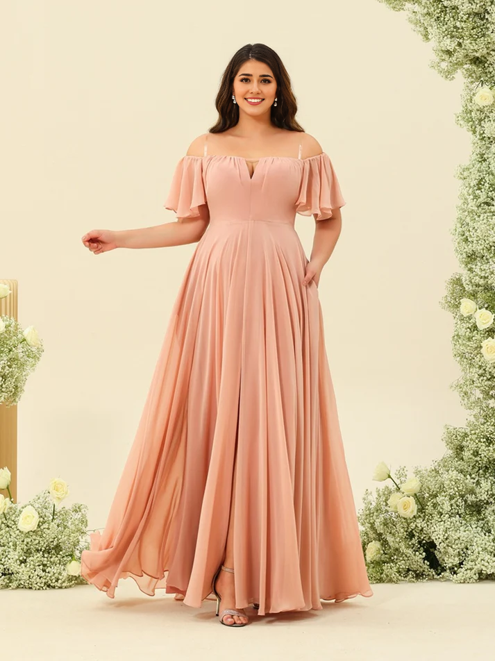 Chiffon Off-the-Shoulder Short-Sleeve Ruched Bodice High-Slit A-Line Floor-Length Romantic Bridesmaid Dress