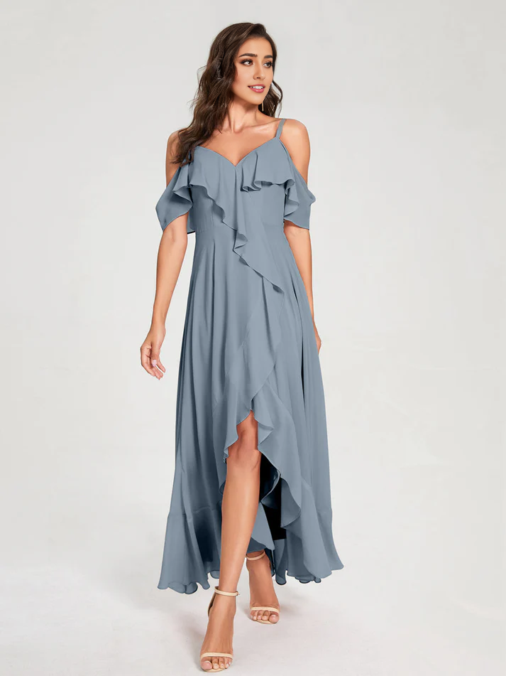 Chiffon Cold-Shoulder Spaghetti-Strap High-Slit Asymmetrical Floor-Length Stylish Bridesmaid Dress