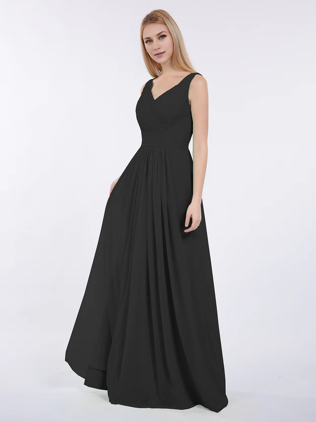 Chiffon Spaghetti-Strap V-Neck Ruched Bodice A-Line Floor-Length Bridesmaid Dresses