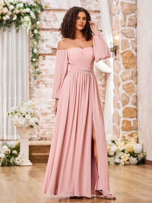 Chiffon Off-Shoulder Long-Sleeve Ruched Bodice High-Slit A-Line Floor-Length Bridesmaid Dresses