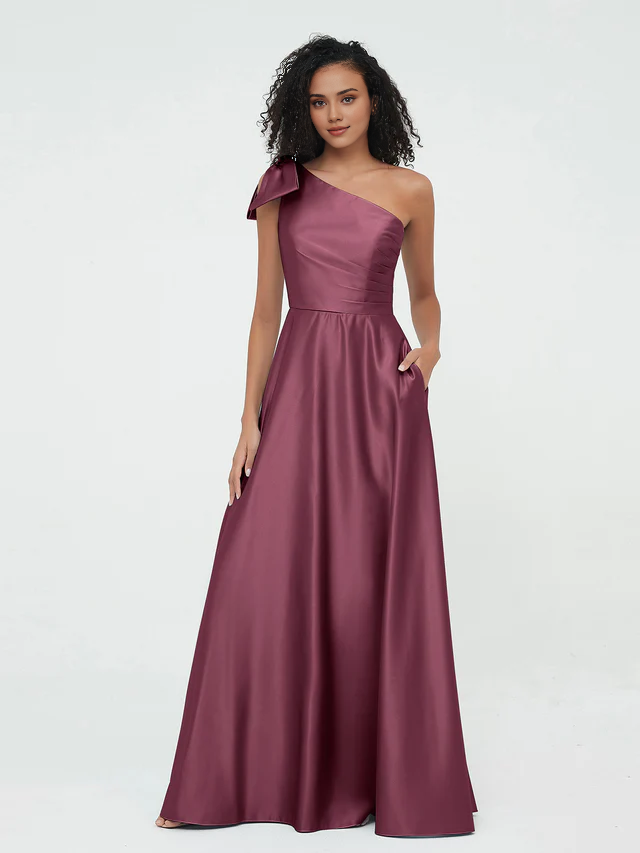 Elegant Satin A-Line One Shoulder Bow Back Maxi Bridesmaid Dress