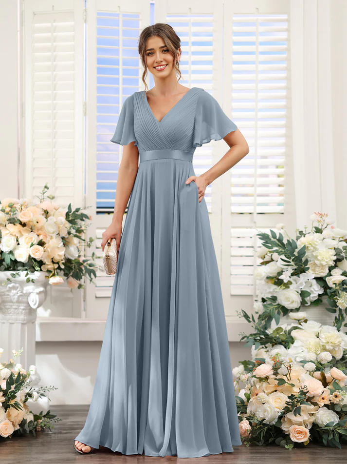 Chiffon Flutter-Sleeve V-Neck Beaded Waist A-Line Floor-Length Blush Pink Bridesmaid Dresses