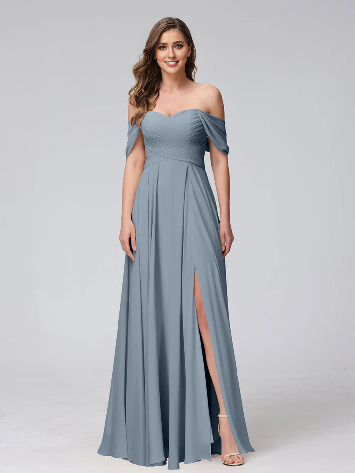 Chiffon Off-the-Shoulder Short-Sleeve Ruched Bodice High-Slit A-Line Floor-Length Elegant Bridesmaid Dress