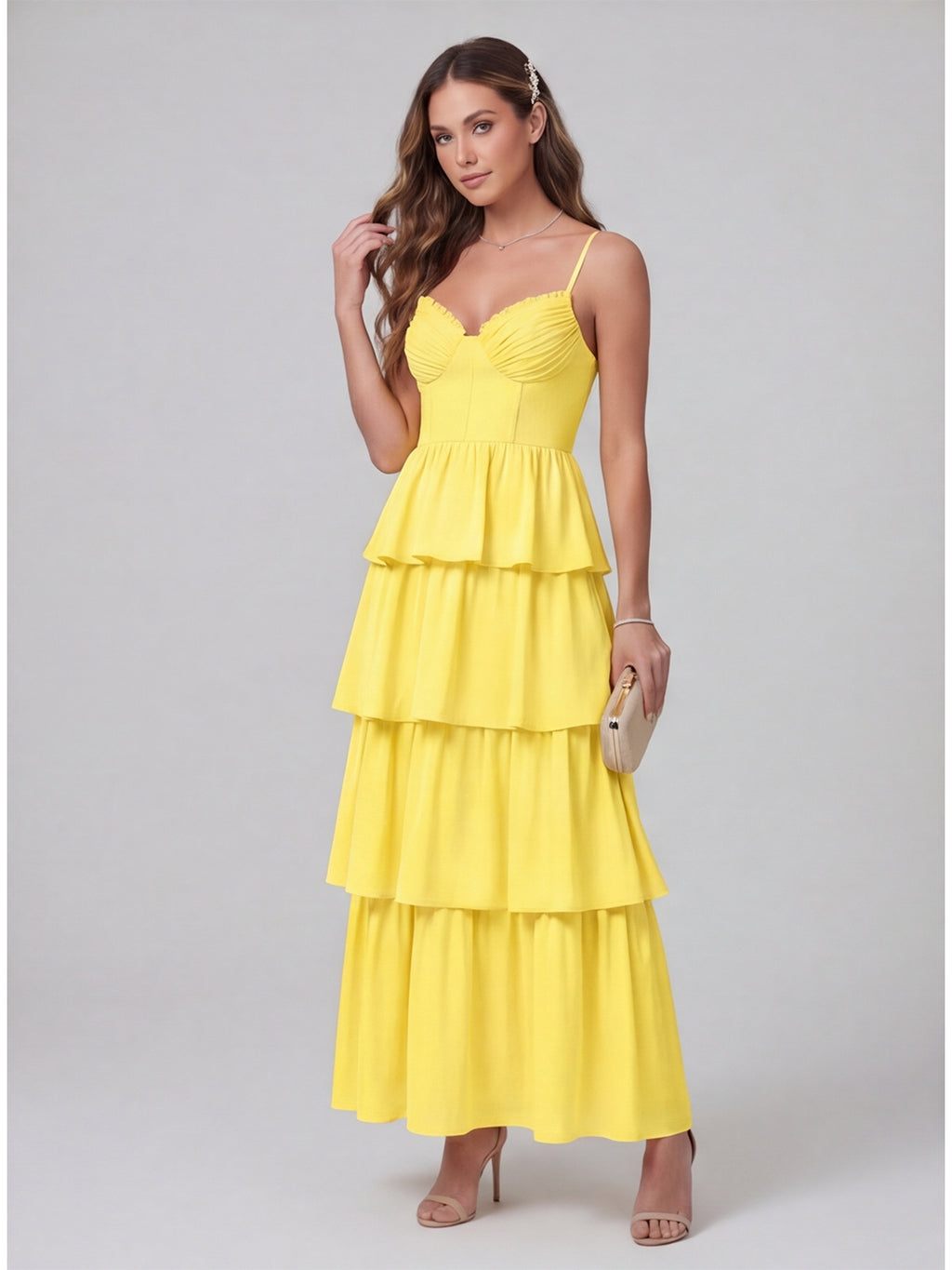 Coquette Lemon Chiffon A-Line Square Neck Backless with Cascading Ruffles Ankle-Length Bridesmaid Dress