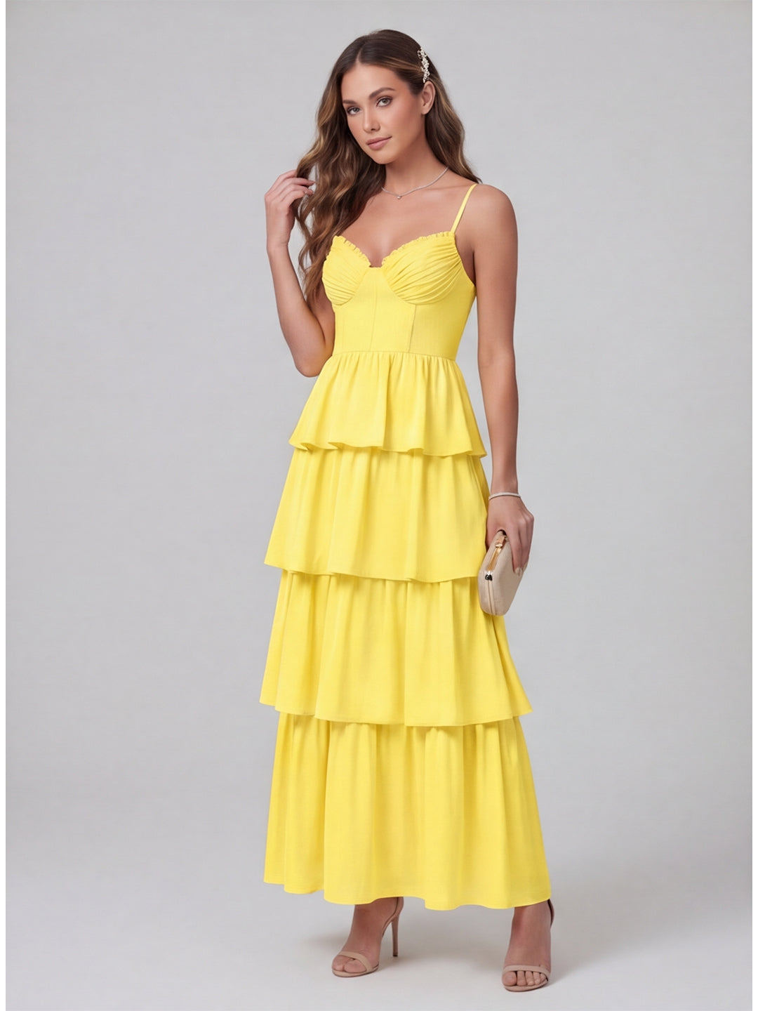 Coquette Lemon Chiffon A-Line Square Neck Backless with Cascading Ruffles Ankle-Length Bridesmaid Dress