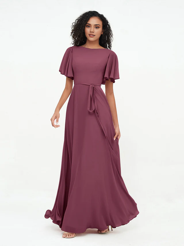 Chiffon Short-Sleeve Boat Neck Tie-Waist A-Line Floor-Length Bridesmaid Dresses