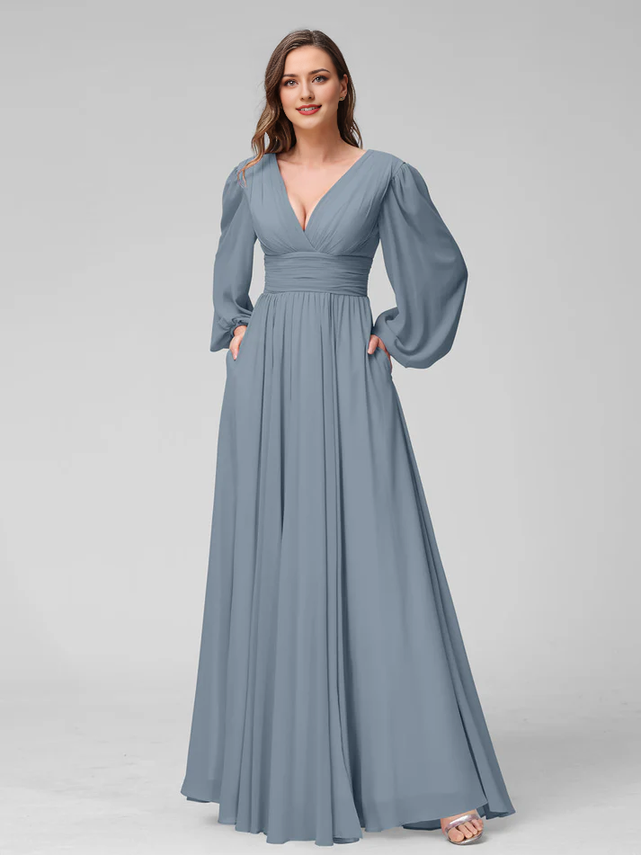 Chiffon Long-Sleeve Deep V-Neck Ruched Bodice High-Slit A-Line Floor-Length Bridesmaid Dresses