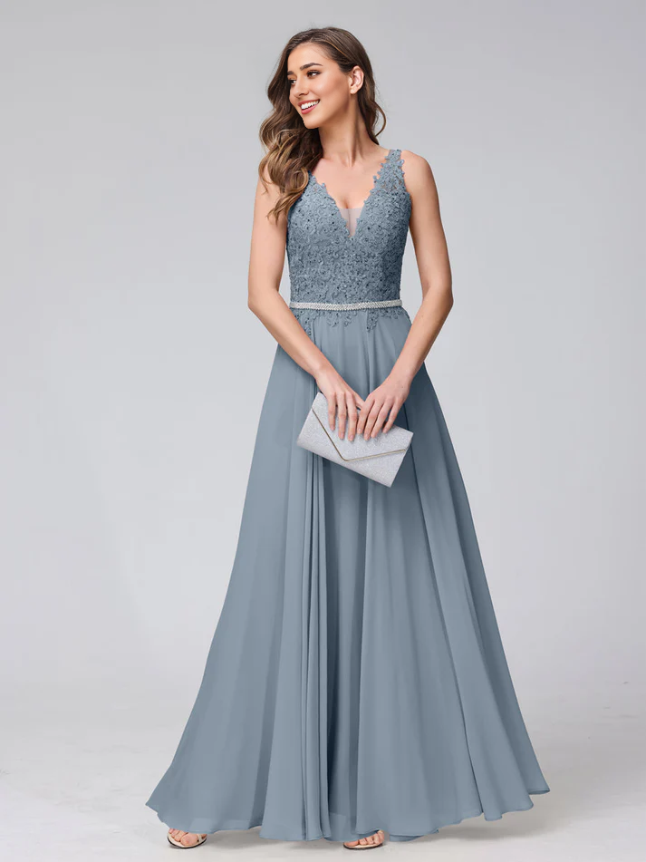 Chiffon Spaghetti-Strap V-Neck Embellished Bodice A-Line Floor-Length Elegant Bridesmaid Dress