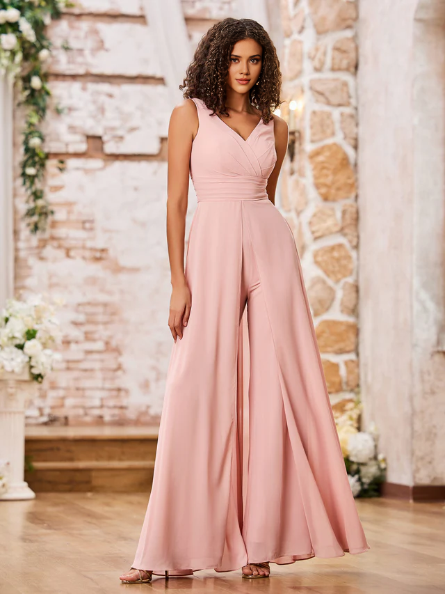 Chiffon Spaghetti-Strap V-Neck Ruched Bodice Wide-Leg Floor-Length Bridesmaid Jumpsuits