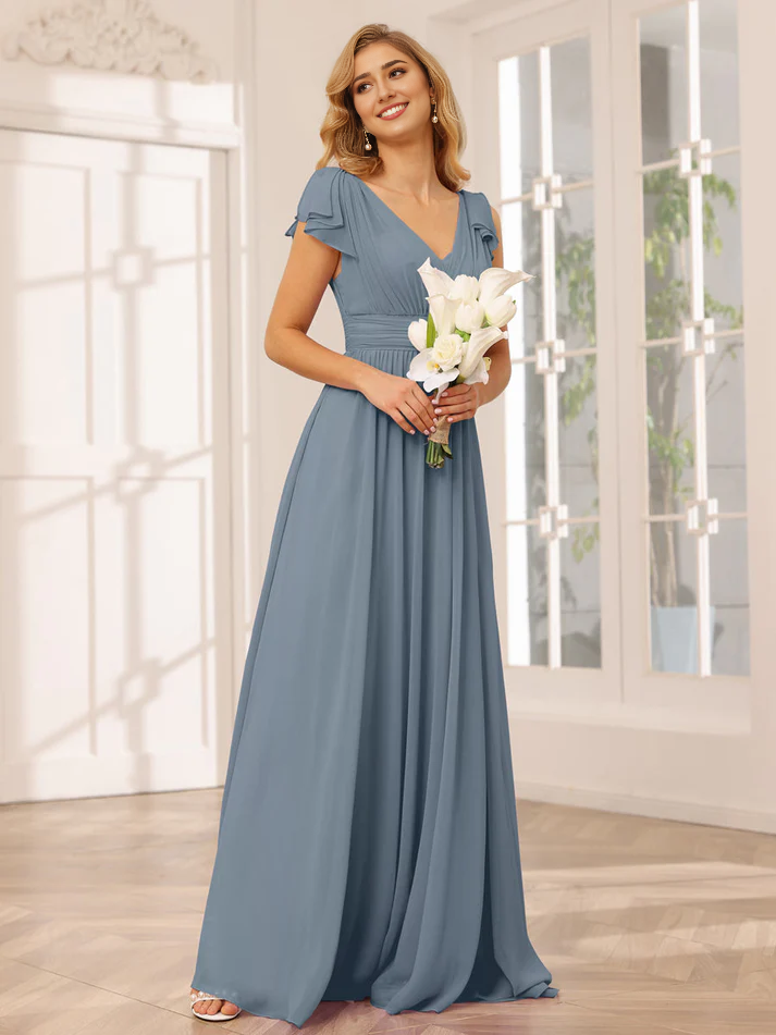 Chiffon Short-Sleeve V-Neck Ruched Bodice High-Slit A-Line Floor-Length Versatile Bridesmaid Dress