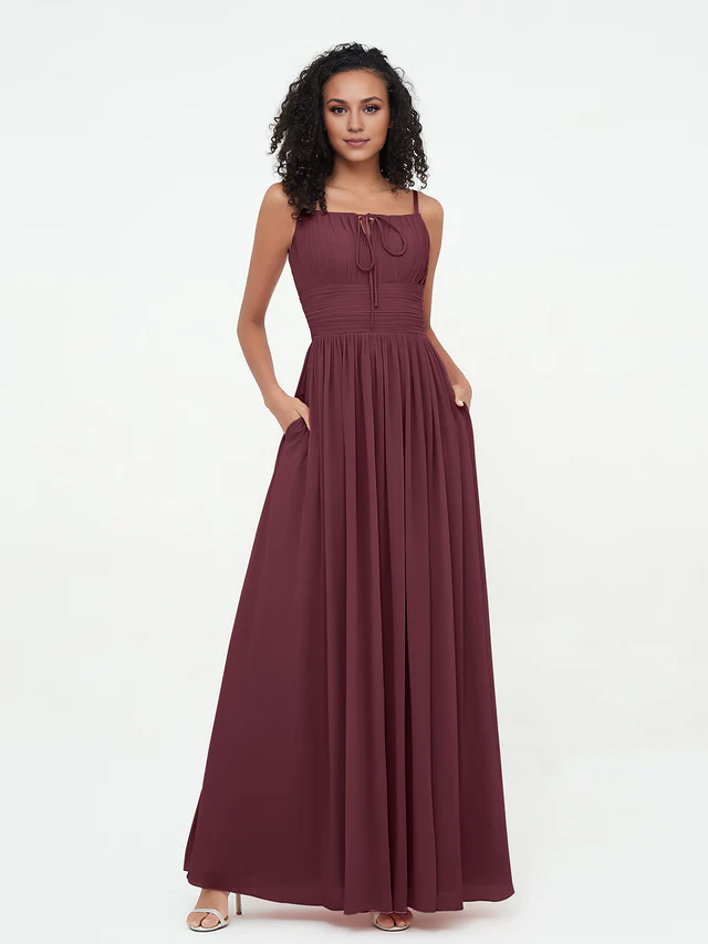 Chiffon Spaghetti-Strap Ruched Bodice Pocketed A-Line Floor-Length Bridesmaid Dresses